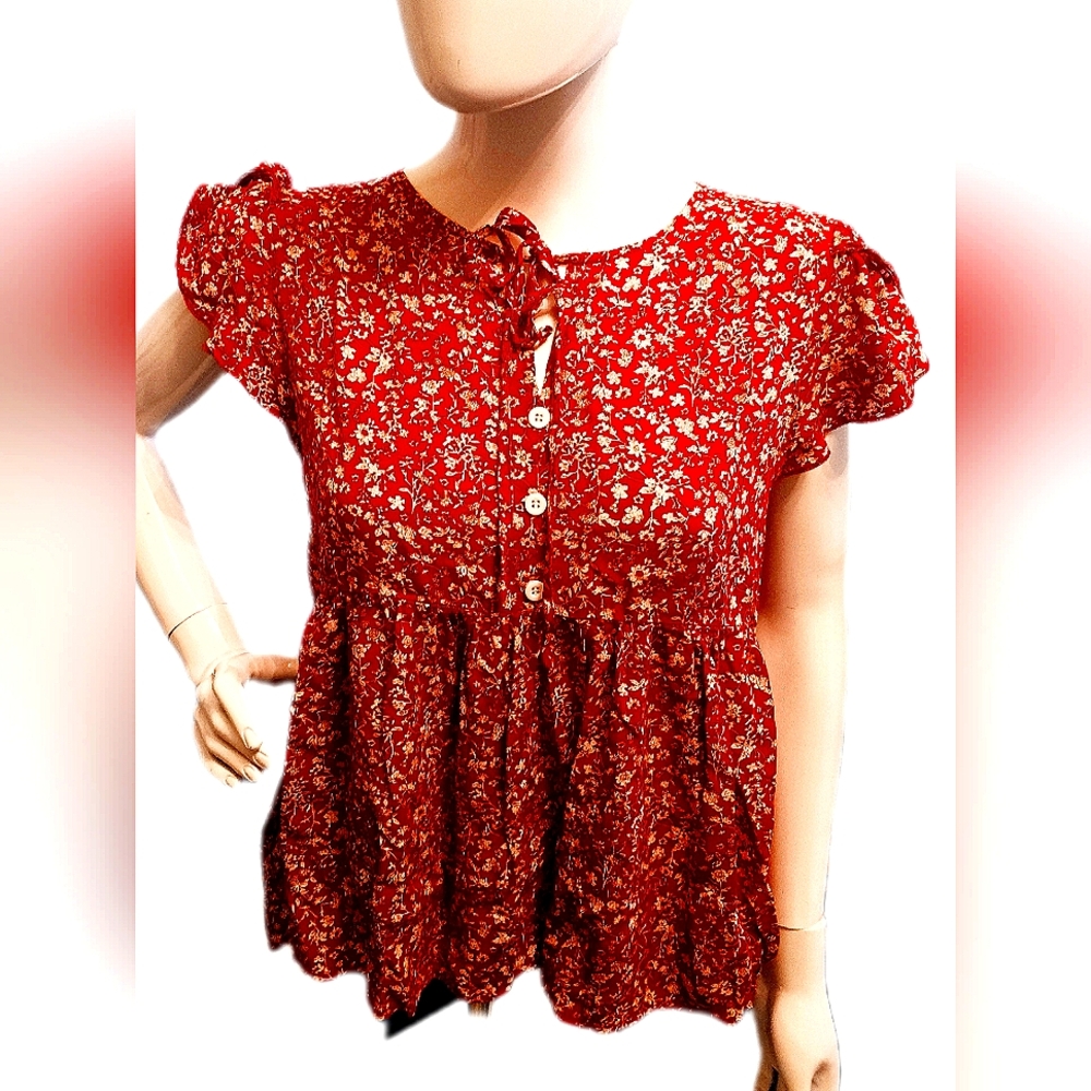 Floral Red Women's Vintage babydoll Top